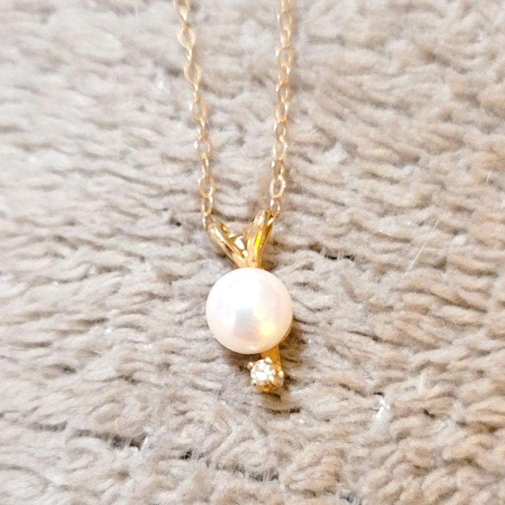 14k Yellow Gold Cultured Fresh Water Pearl & Diamond Pendant Necklace S-9 Inch
